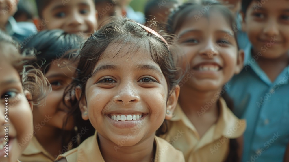 Fototapeta premium A group of young children standing together. Ideal for educational and community-related projects.