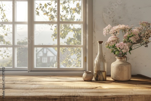 Simple image of flowers in vase by window, suitable for various design projects.