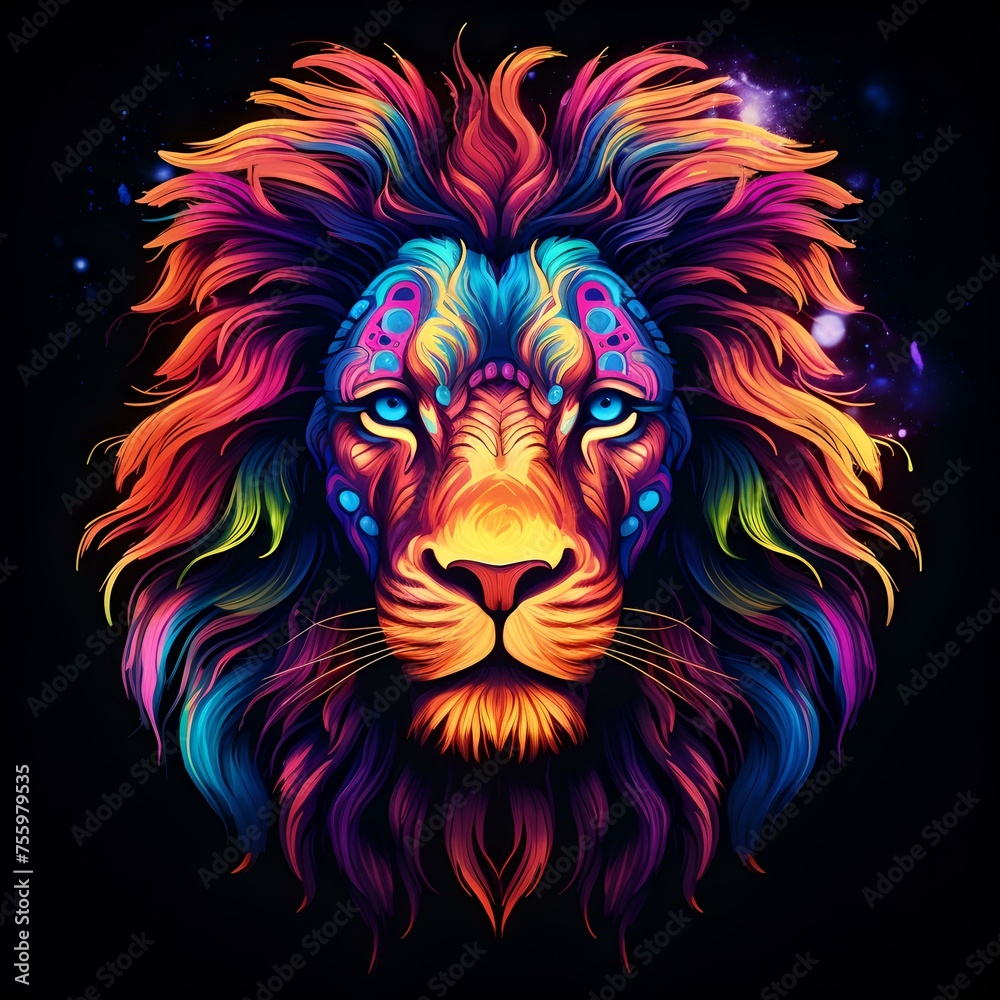 Colorful artistic lion portrait with vibrant neon hues on a dark background