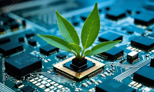 a green plant growing out of a computer chip