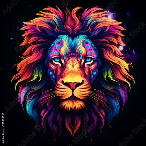Colorful artistic lion portrait with vibrant neon hues on a dark background