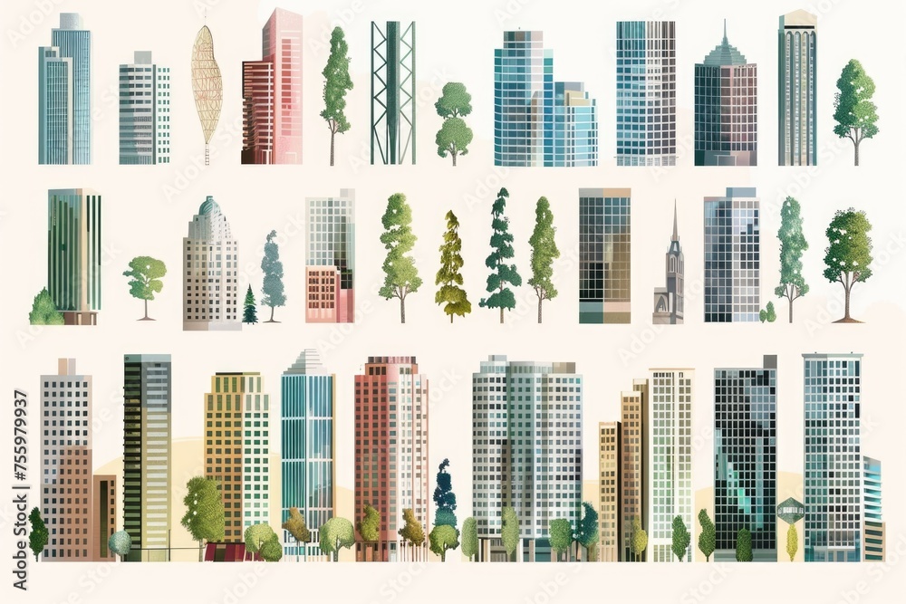 A group of buildings with trees in the foreground. Suitable for urban and environmental concepts. - obrazy, fototapety, plakaty 