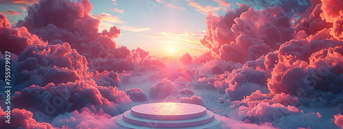 3D pink podium with a dreamy sky background, providing a minimal and abstract scene for showcasing products or creating a beauty-themed display. Elegance stage with pastel tones and cloud elements. photo