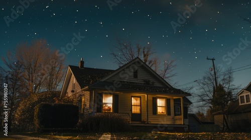 A house in a neighborhood at night, perfect for real estate or community concepts.