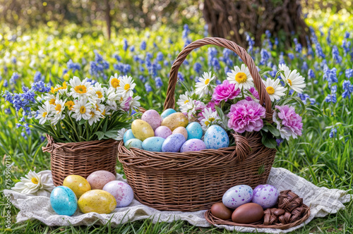 Basket filled with Easter eggs and flowers sits on the grass. Easter Scene