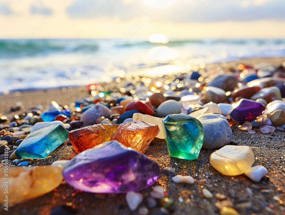 Colorful gemstones on a beach 