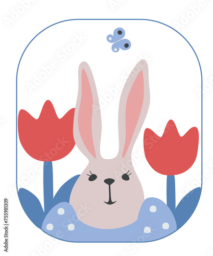 Portrait of a cute plump rabbit. Spring floral arrangement. Minimalistic, flat. Vector illustration of bunny with flowers