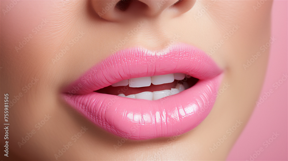 Obraz premium Female plump lips with pink lipstick gloss