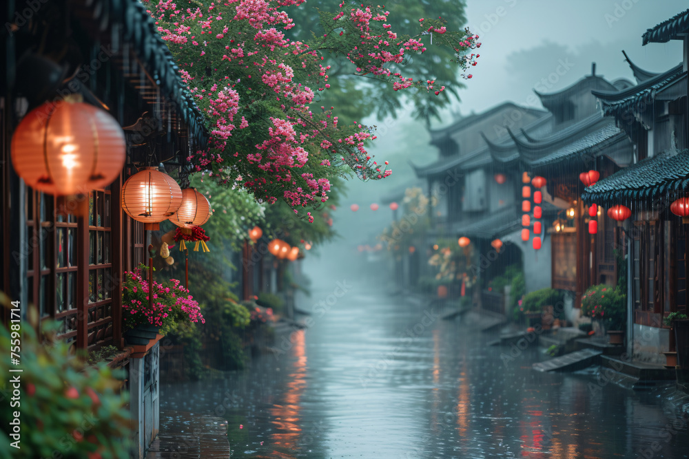 Holiday time in Chinatown. Old ancient asian street with many traditional stores in rainy day. Cherry blossom festival. Travel and holiday concept for card, background, banner, wallpaper