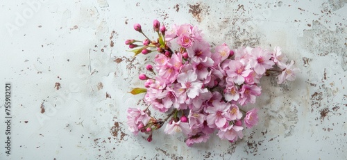 Pink cherry blossoms bloom on a rustic white surface. Spring Greeting card with space for text.