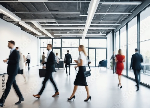 Bright business workplace with people in walking in blurred motion