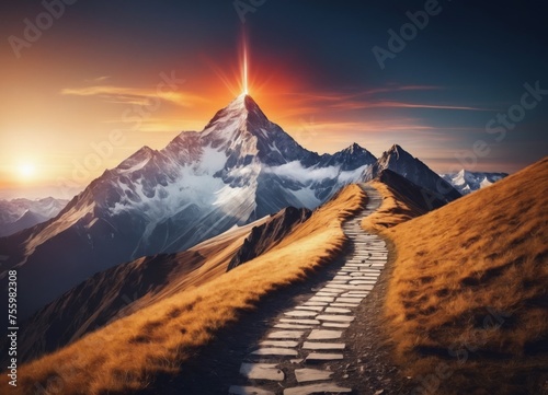 a path leading to the top of a mountain with a sunset in the background 