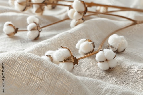 Cotton flowers on white fabric, closeup. Textile background