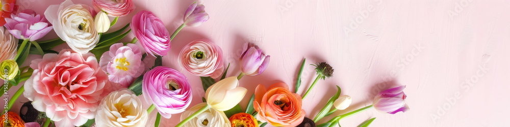 Colorful Spring Flowers. Floral Background. Greeting card with space, top view. Mother's Day, Woman's Day, Easter, Valentine's Day, Wedding, and Birthday celebration concept.