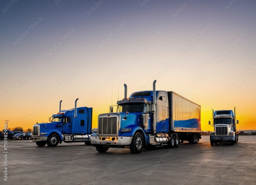 a row of semi trucks parked in a parking lot at sunset or dawn 