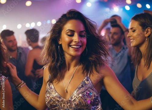 a woman dancing at a party with other people in the background 