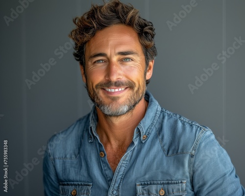 A man in a denim shirt smiling.
