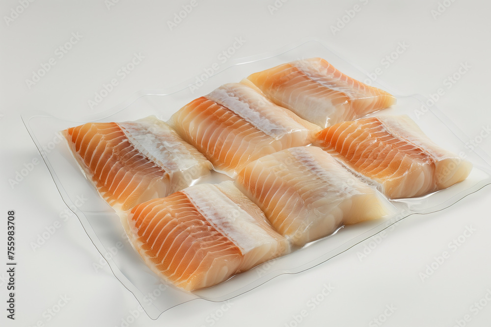 Fish fillet in vacuum packaging on a wooden table. Fish fillet in vacuum packaging on a wooden table.