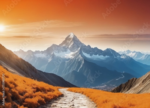  bright orange path leading to mountain top,