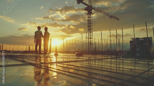 Couple standing on unfinished building. Suitable for construction industry concepts.