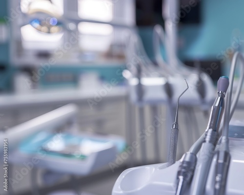 A line of dental tools neatly arranged in a hospital room  ready for use in procedures.