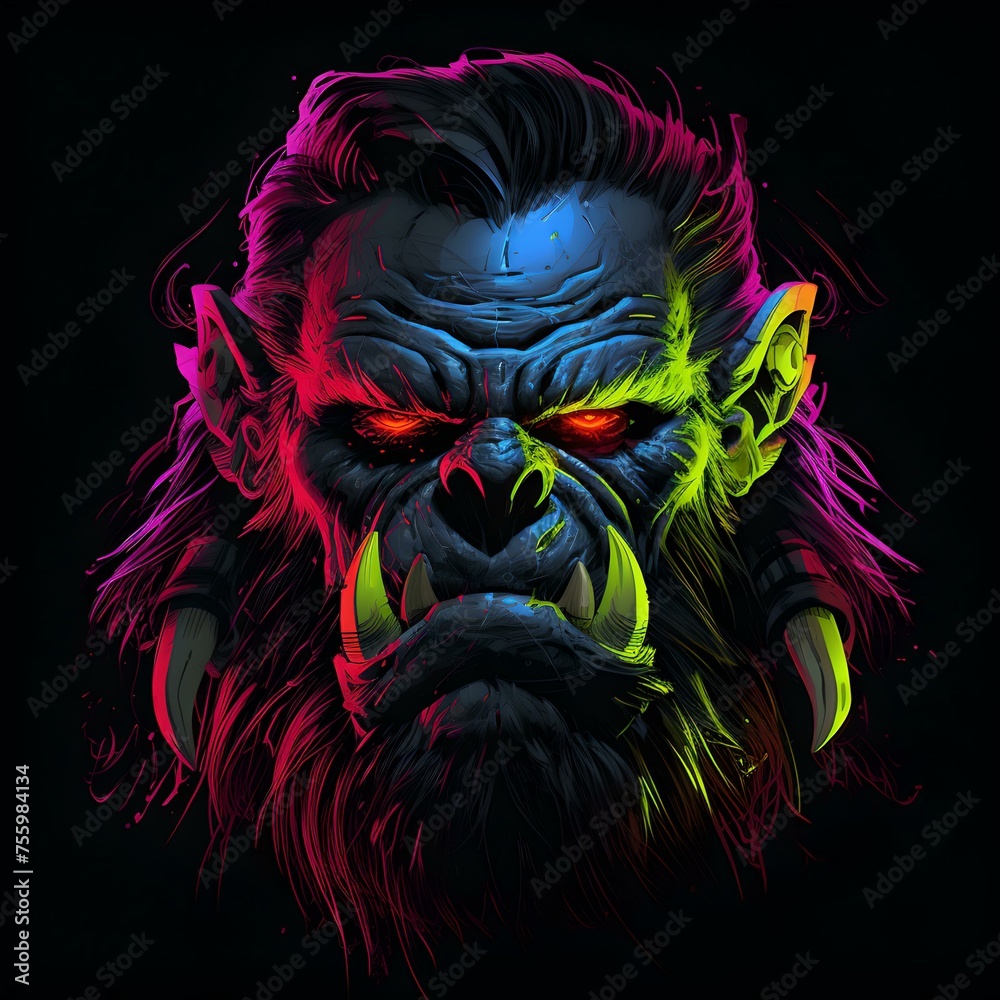 Vibrant neon-colored gorilla with a fierce expression on a dark background