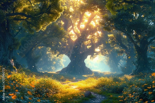 The suns rays penetrate the dense tree canopy, illuminating the forest floor with dappled light. © Svyatoslav Lypynskyy