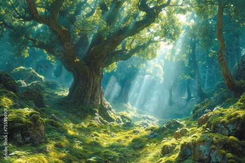 A painting depicting a dense forest with sunlight filtering through the lush green foliage  creating a mesmerizing play of light and shadows.