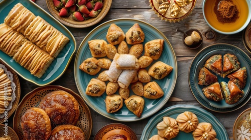 A background image featuring Turkish and Arab dessert foods, showcasing an assortment of Lebanese and Egyptian pastries.  photo