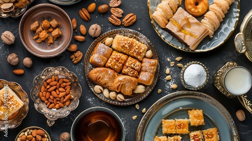 Middle Eastern desserts, including traditional Ramadan treats, displayed in a delicious collection. The desserts are served with tasty nuts, Arabic coffee, honey syrup, and sugar syrup.  photo