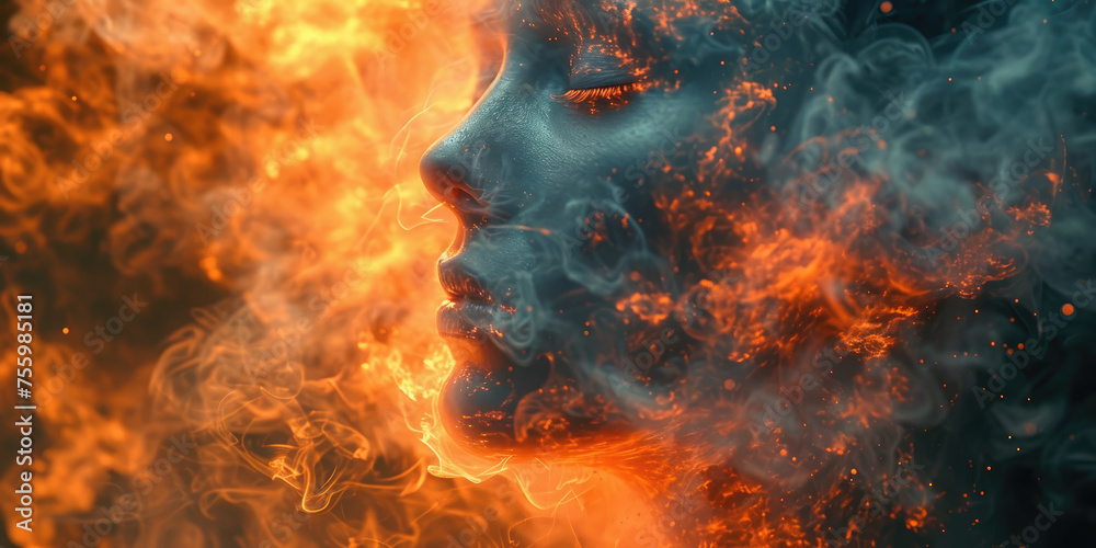 A womans face surrounded by intense flames and billowing smoke, depicting a scene of raw intensity and danger. A womans face surrounded by intense flames and billowing smoke, depicting a scene of raw intensity and danger.