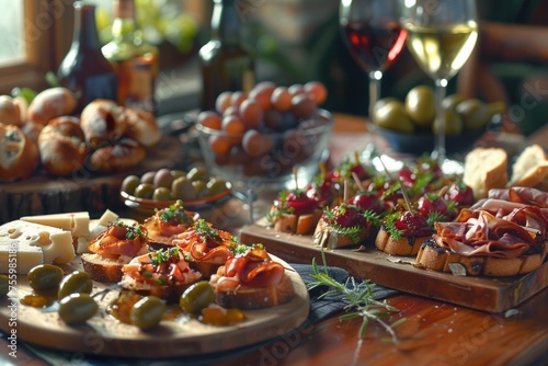 Plates of food on a wooden table, perfect for restaurant menus.