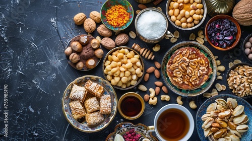Middle Eastern desserts, including traditional Ramadan treats, displayed in a delicious collection. The desserts are served with tasty nuts, Arabic coffee, honey syrup, and sugar syrup. 