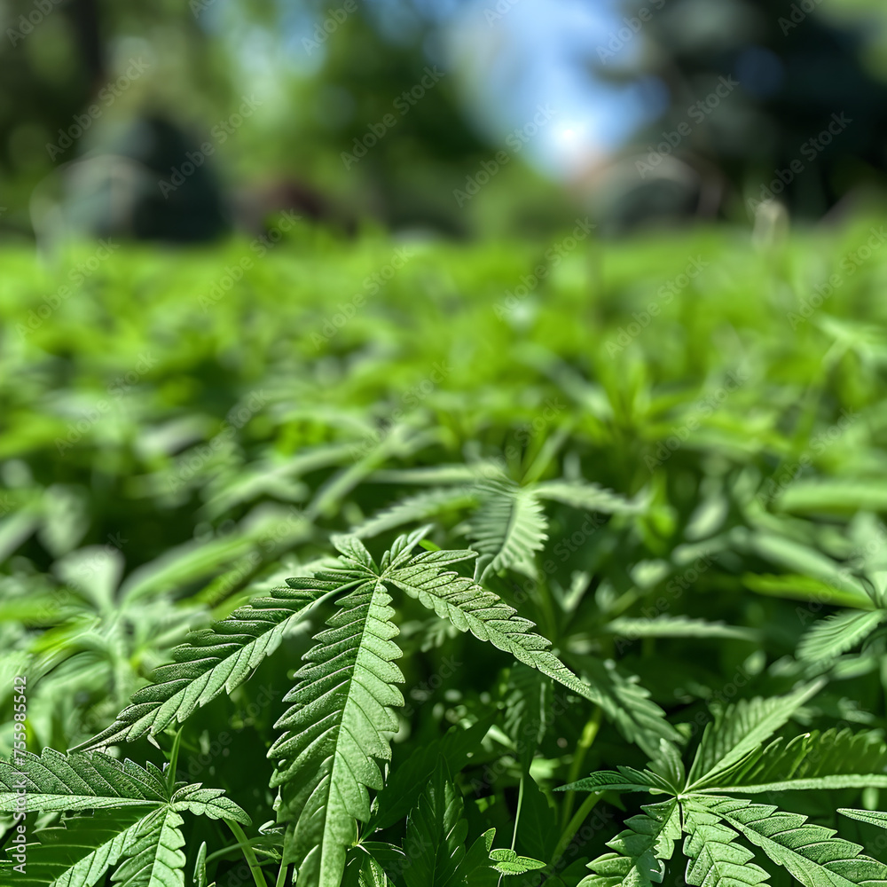Cannabis leaves on the field, close-up. Natural background.