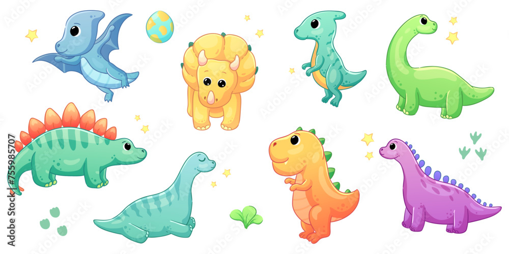 Illustrations of cute dinosaurs for children in different colors: Triceratops, Stegosaurus, Brontosaurus, Pterosaurus, Tyrannosaurus, Brachiosaurus. 