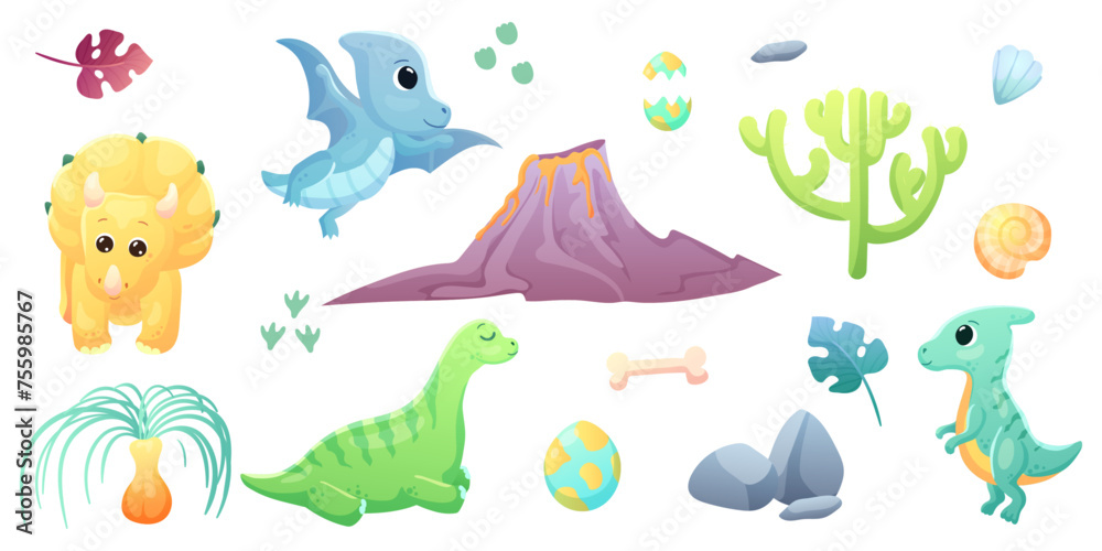 Illustrations of cute dinosaurs for children in different colors: Triceratops, Stegosaurus, Brontosaurus, Pterosaurus, Tyrannosaurus, Brachiosaurus. Environment illustrations for dinosaurs .