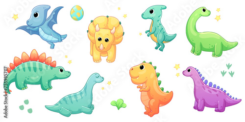 Illustrations of cute dinosaurs for children in different colors  Triceratops  Stegosaurus  Brontosaurus  Pterosaurus  Tyrannosaurus  Brachiosaurus. 