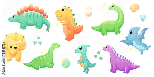 Illustrations of cute dinosaurs for children in different colors  Triceratops  Stegosaurus  Brontosaurus  Pterosaurus  Tyrannosaurus  Brachiosaurus. 