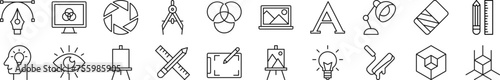 Set of line icons of designer. Editable stroke. Simple outline sign for web sites, newspapers, articles book
