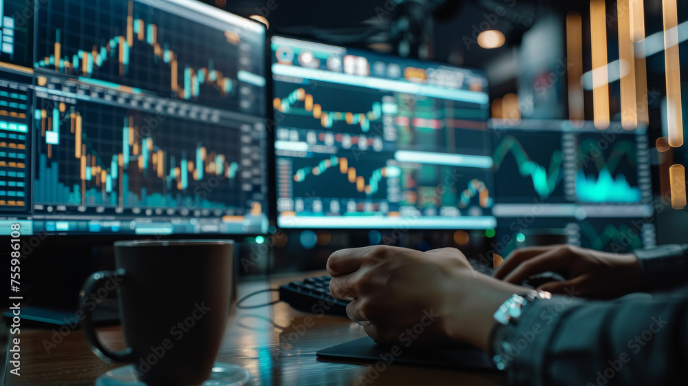 Person analyzing financial data on computer screens. Person analyzing financial data on computer screens.