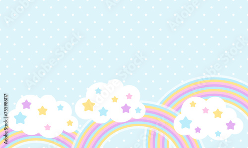 Abstract light blue background with stars, clouds, rainbow. Abstract cute background with little stars. Decoration banner themed Lol surprise doll girlish style. Invitation card template