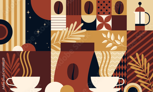 Coffee background. Set of coffee signs, icons, symbols for menu design. Cappuccino, americano, espresso, mocha, latte. Various coffee drinks set. Cups, beans and coffee makers. Broun design