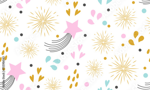 Seamless design with cute elements. Stars, hearts, lights, holiday party symbols. Decoration banner themed Lol surprise doll girlish style. Invitation card template