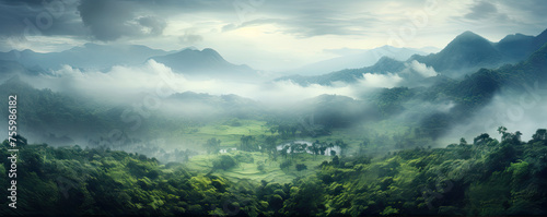 Jungle forest foggy morning land scenery. Fogg rising clouds above green forest