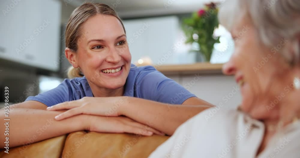 Medical, smile and nurse chatting to old woman on sofa in living room of home for consulting or help. Healthcare, happy and friendly caregiver talking to senior patient in retirement apartment Medical, smile and nurse chatting to old woman on sofa in living room of home for consulting or help. Healthcare, happy and friendly caregiver talking to senior patient in retirement apartment