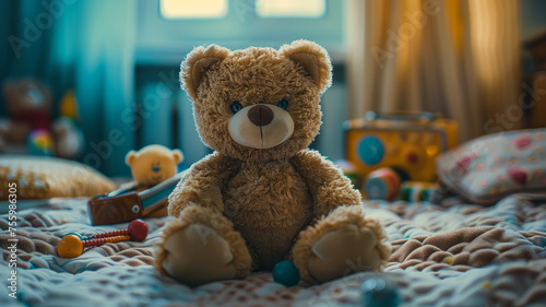 Teddy bear on a bed with toys