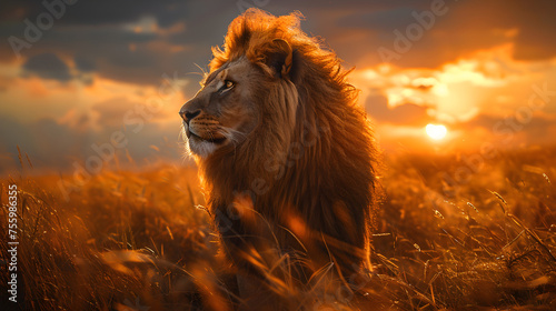 Lion in the field at sunset. Beautiful animal in nature.