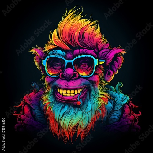 Colorful neon monkey with sunglasses on dark background