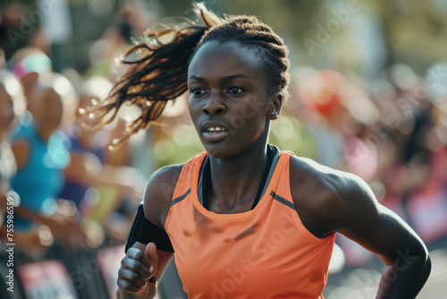 A young woman running a marathon, determination etched on her face.