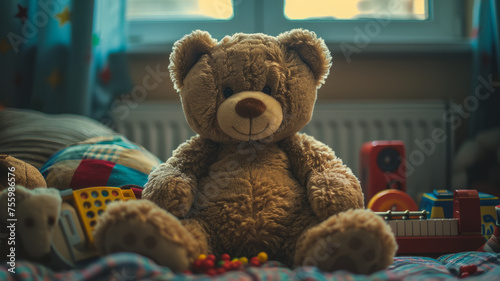 A teddy bear in a child's room.